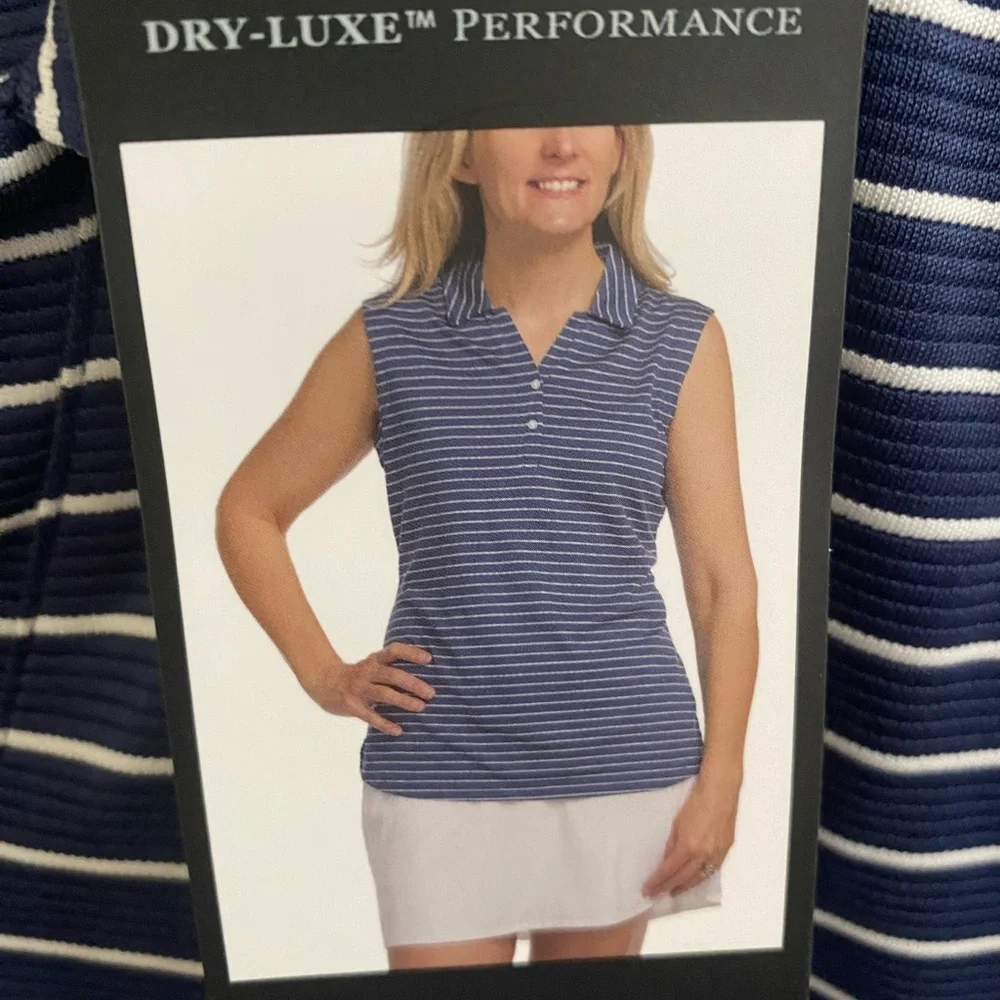Pebble Beach Women's Navy and White Striped sleeveless polo.